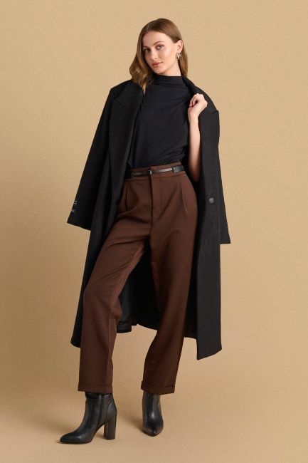 Turn-up hem casual trousers - Brown