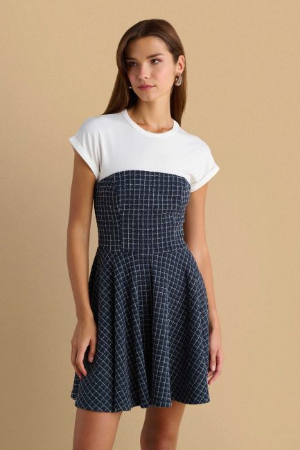 Tweed effect mini dress with T-shirt - Blue