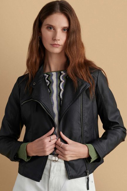 Leather-effect biker jacket with embroidery - Black