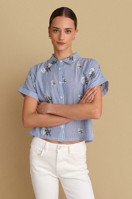 Striped shirt with embroidered flowers - Blue