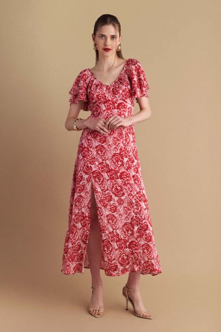 Front-slit maxi floral dress - Red