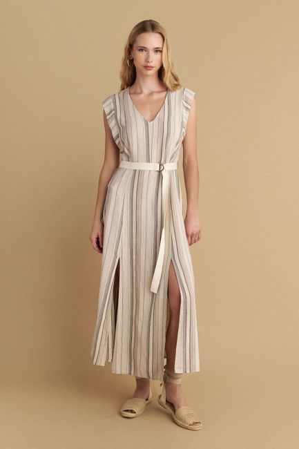 Striped dress with belt - Natural